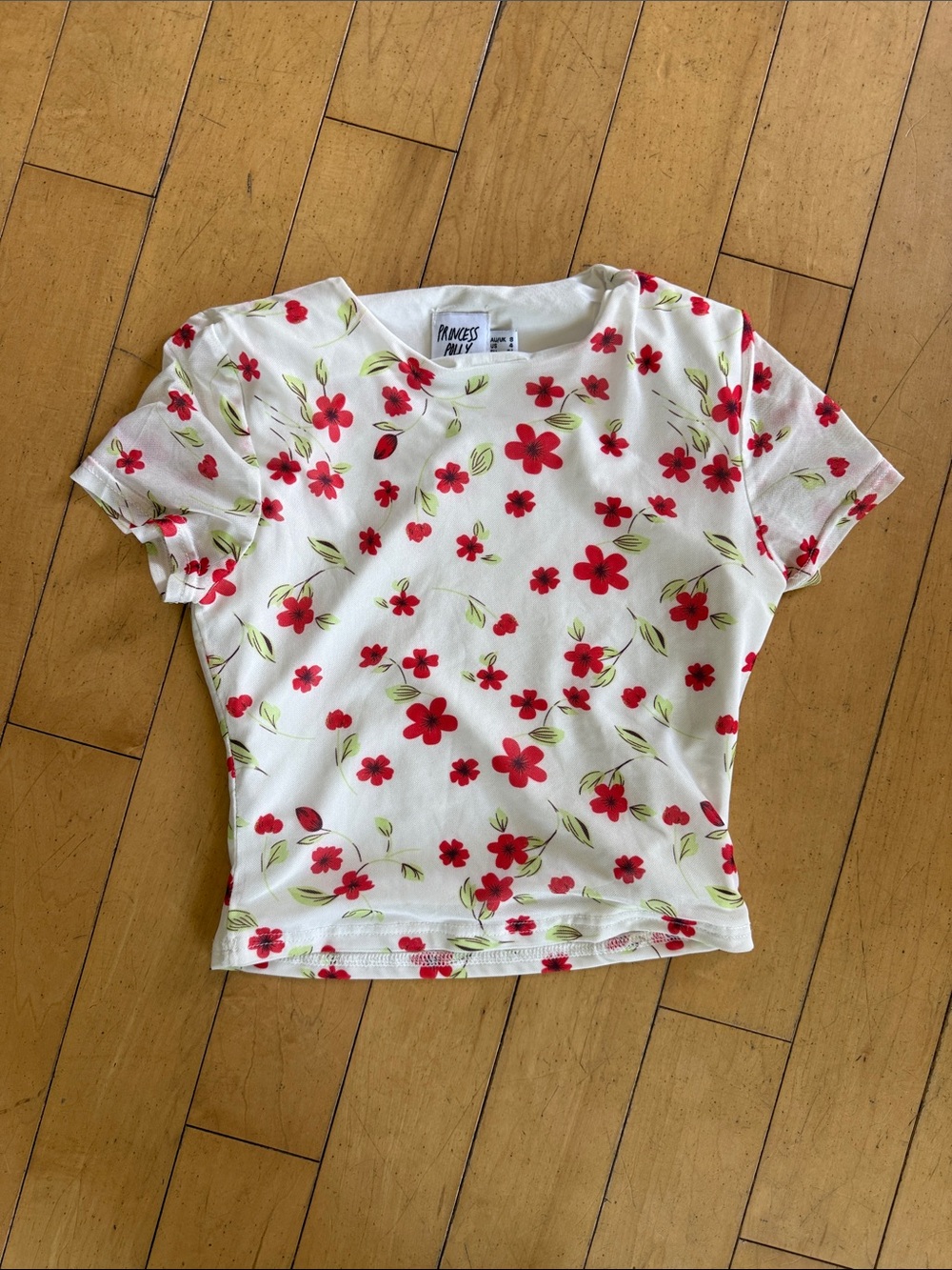 Princess Polly White Floral Crop Tee with Red Flowers